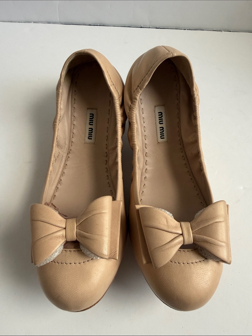 Miu Miu Nude Leather Puffy Bow Ballet Flats